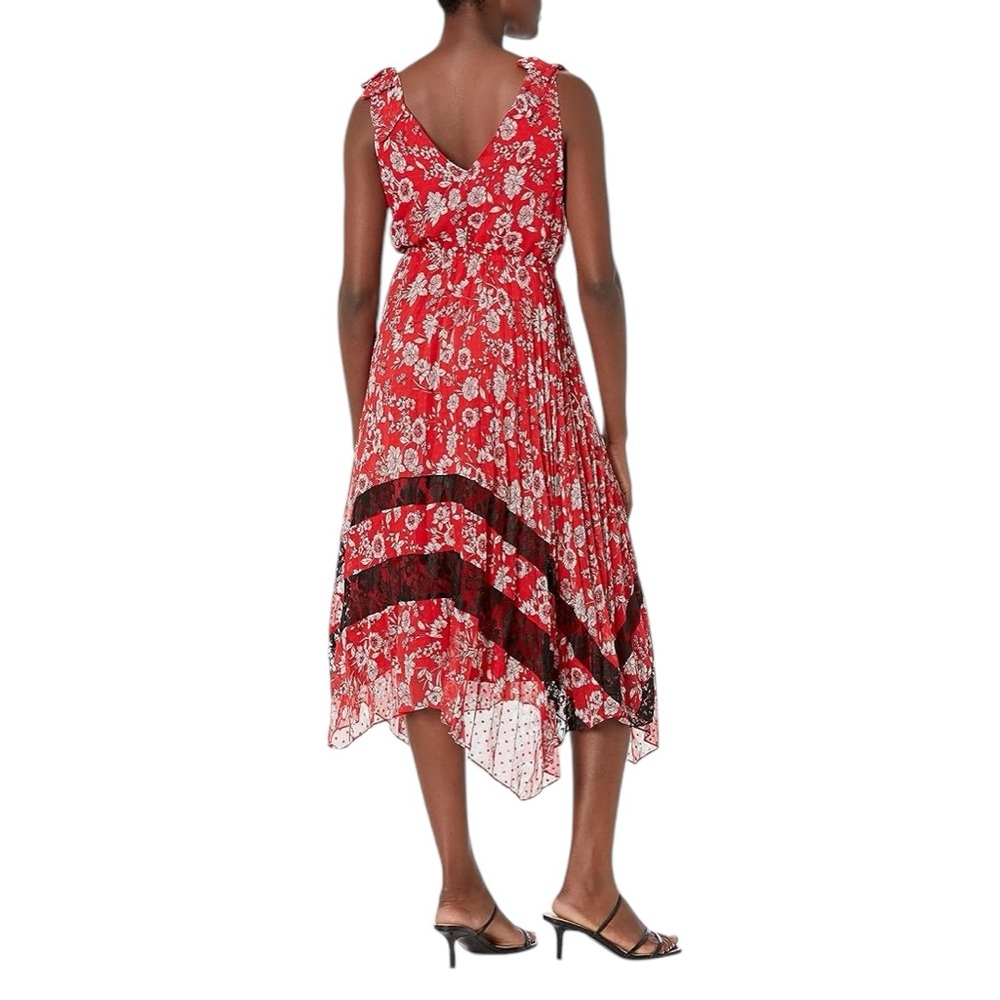 Nanette Lepore Pleated Floral Midi Dress Red Feminine Handkerchief Hem W… - Picture 4 of 16